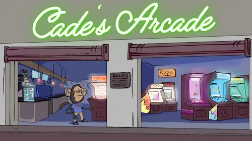 Illustrated starting scene for CadesArcade featuring monkey mascot in arcade.
