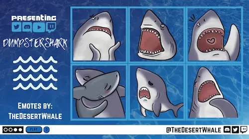 Set of 6 shark emotes for DumpsterShark on Twitch