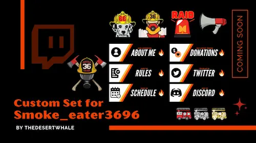 Set of Emotes, Banners and Badges with firefighter theme for Smokeeater on Twitch