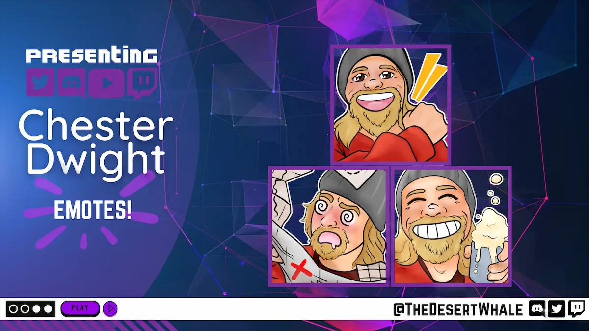 Three emotes for Chester Dwight on Twitch