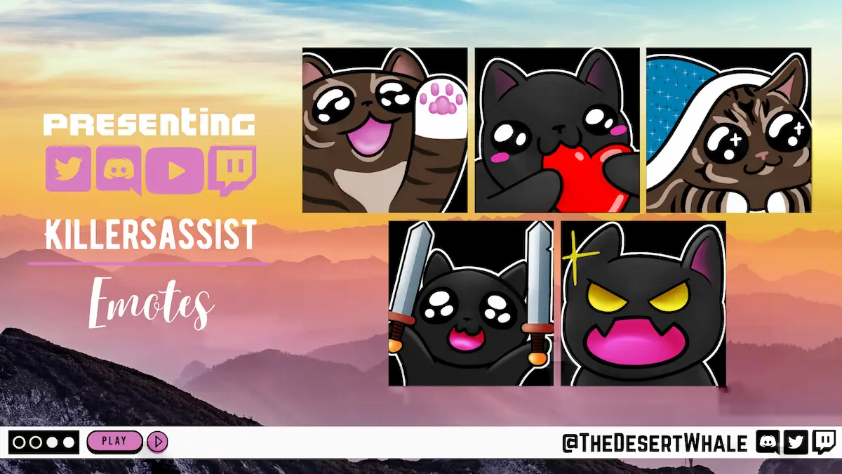 An assortment of cat emotes for Killersassist on Twitch