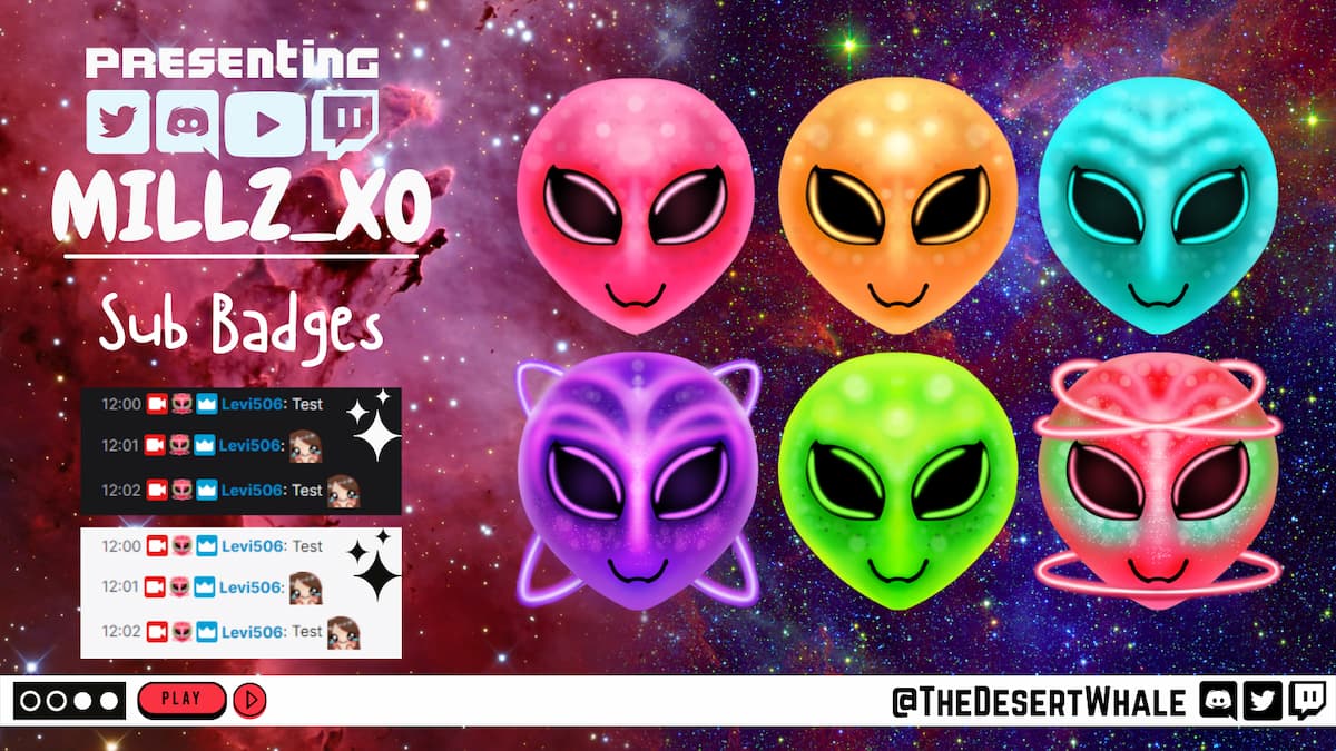 Neon Alien themed sub badges for Millz_XO on Twitch