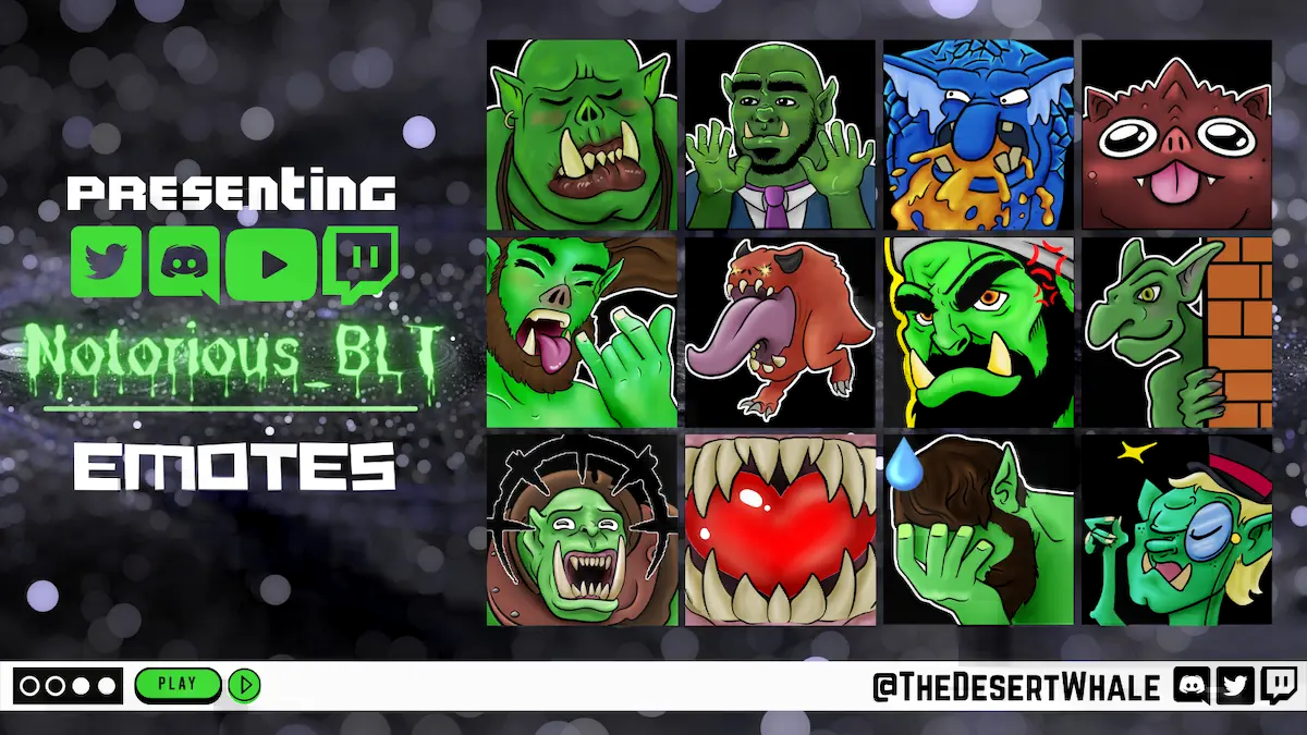 An assortment of Orc/Goblin themed emotes for Notorious_BLT on Twitch