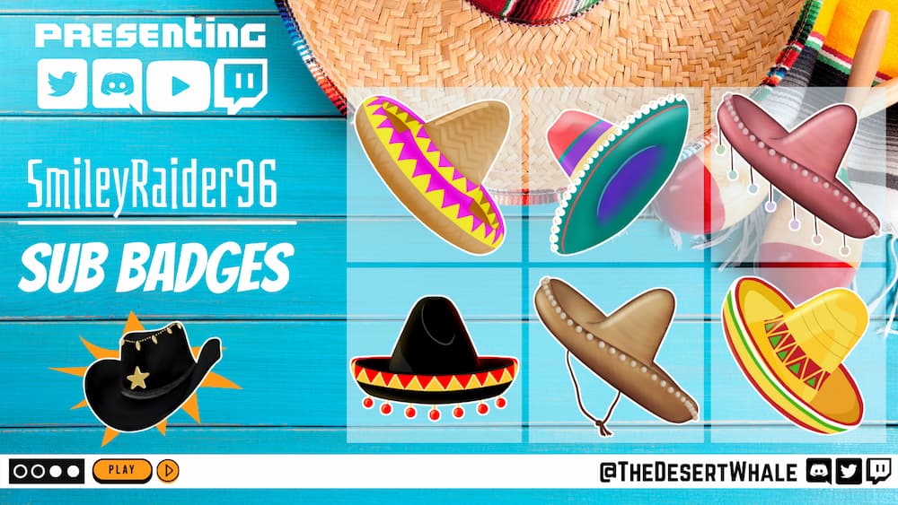 An assortment of sombreros for subscriber badges!