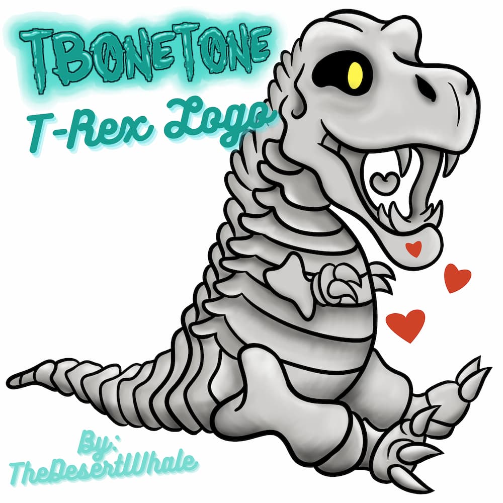 Cartoon themed t-rex skeleton logo